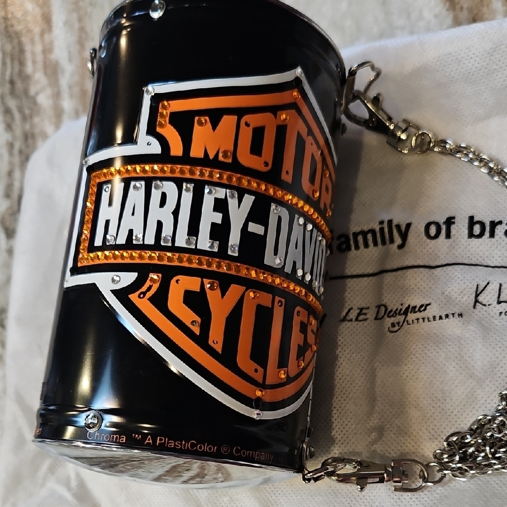 Harley-Davidson Black and Orange Rhinestone Logo Oil Can Purse